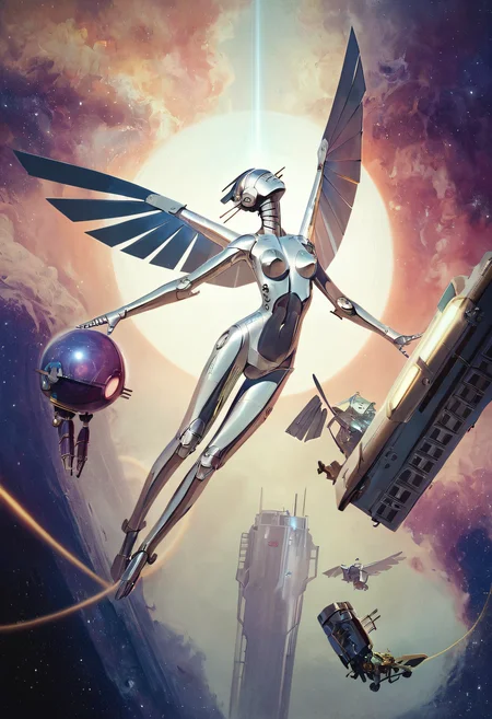 score_9, score_8_up, score_7_up, score_6_up, zy_chromatic, science fiction, robot, android, flying, galaxy background, 80s , <lora:zy_chromatic_v1:0.75>