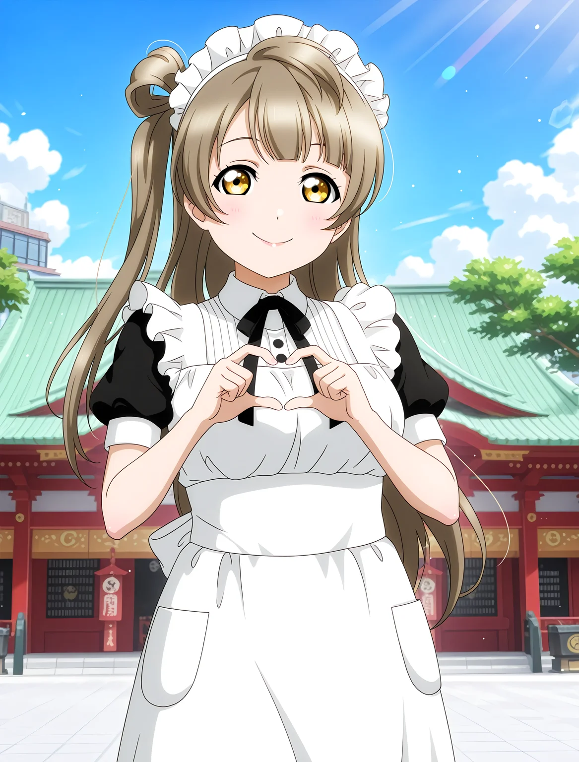 <lora:Koto-Umi-Riko-Shizu-Setsu-LLAS-IllustriousXLV01-V1:1> <lora:sdxl-boldline:-0.5> <lora:sdxl-flat:0.5>
<lora:Kandamyojin-IllustriousXLV01-V1:1>
llas, masterpiece, very aesthetic, absurdres, best quality, newest, perfect anatomy, perfect lighting, anime coloring BREAK
(sparkle, light particles:0.6), light rays, rim lighting, (depth of field, blurry background:1.2) BREAK
1girl, solo, looking at viewer, cowboy shot BREAK
minami kotori, heart hands BREAK
big pupils, (detailed eyes:1.2), large breasts, lips, smile, closed mouth BREAK
minalinsky, chunchun maid, short sleeves, long skirt BREAK
(kandamyojin, kanda jinja, tokyochiyoda shrine), building, tree, day, blue sky, cloud