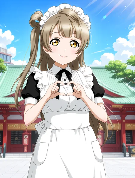 <lora:Koto-Umi-Riko-Shizu-Setsu-LLAS-IllustriousXLV01-V1:1> <lora:sdxl-boldline:-0.5> <lora:sdxl-flat:0.5>
<lora:Kandamyojin-IllustriousXLV01-V1:1>
llas, masterpiece, very aesthetic, absurdres, best quality, newest, perfect anatomy, perfect lighting, anime coloring BREAK
(sparkle, light particles:0.6), light rays, rim lighting, (depth of field, blurry background:1.2) BREAK
1girl, solo, looking at viewer, cowboy shot BREAK
minami kotori, heart hands BREAK
big pupils, (detailed eyes:1.2), large breasts, lips, smile, closed mouth BREAK
minalinsky, chunchun maid, short sleeves, long skirt BREAK
(kandamyojin, kanda jinja, tokyochiyoda shrine), building, tree, day, blue sky, cloud