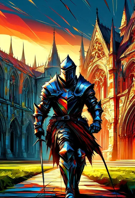 A valiant knight in shining armor stands at the gates of a grand castle. Banner, sword and shield, sunset, stone walls, battlements, dramatic lighting, extreme close-up, portrait.