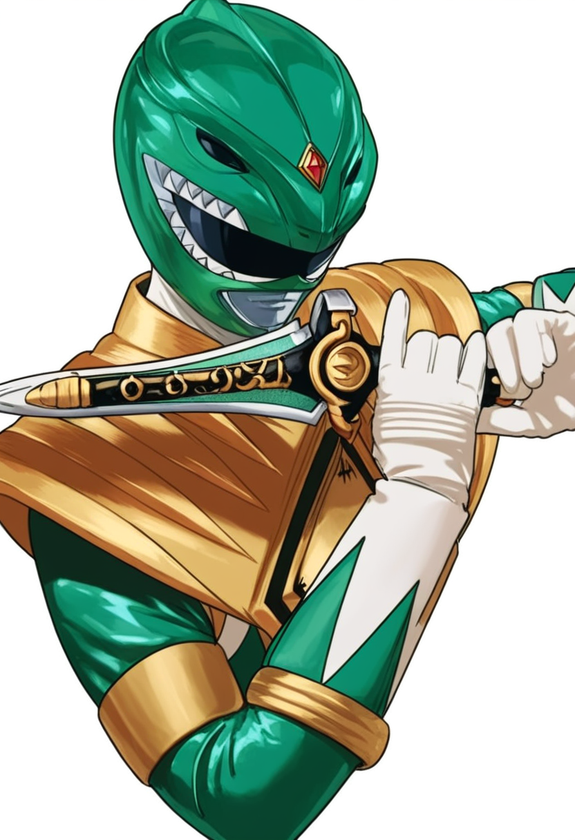 (score_9:0.9),score_8_up,score_7_up,anime style,rating_safe,<lora:Green Ranger ponyXL v2:1>,Green Ranger,solo,1boy,weapon,upper body,holding,holding weapon,white background,simple background,dagger,holding dagger,from side,classic pose,helmet,