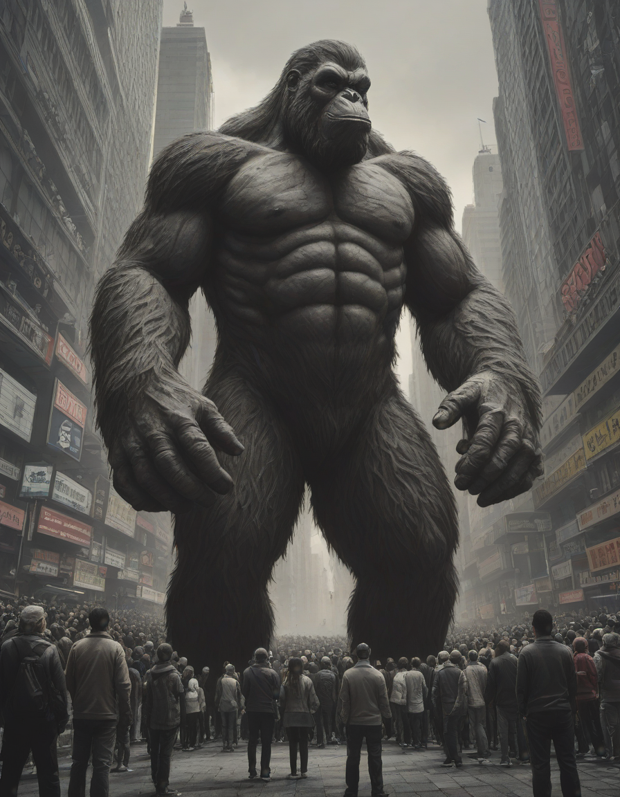 King Kong in cinematic scene, fantasy art, in the style of John Atkinson Grimshaw, illustration, epic, fantasy, intricate, hyper detailed, artstation, concept art, smooth, sharp focus, ray tracing, statue, sculpted art, memorial tribute, iconic, <lora:crowd_notrigger:1.0>