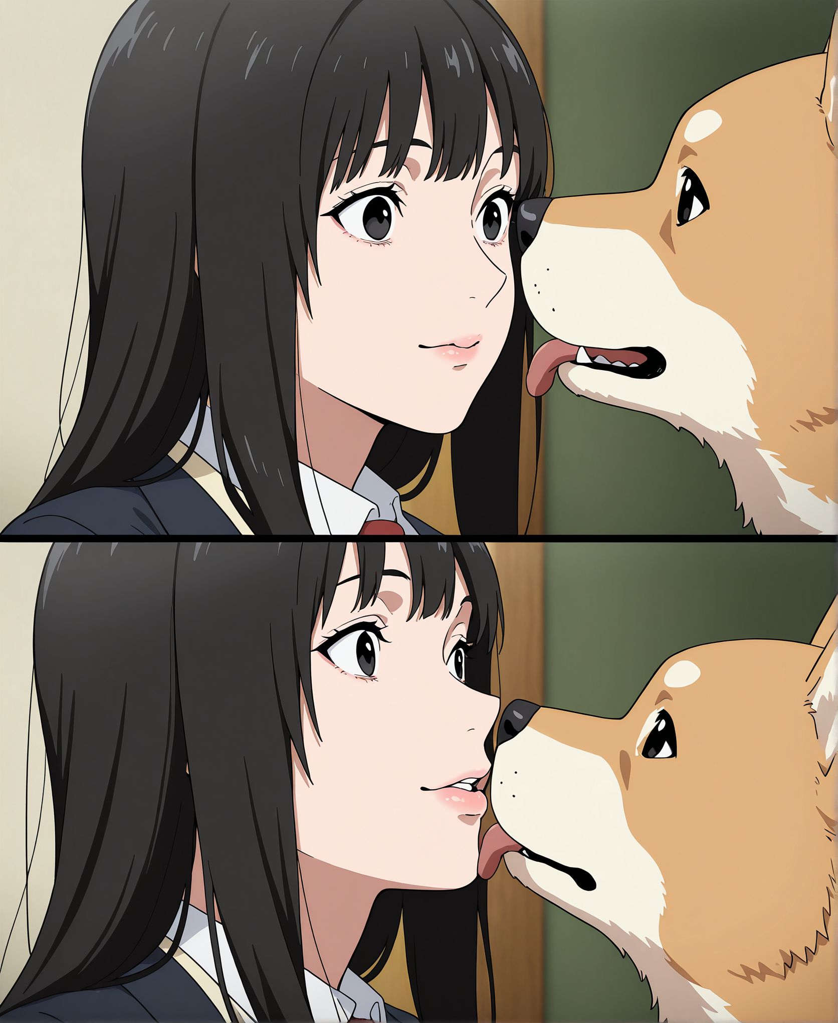 masterpiece,best quality,amazing quality,very aesthetic,absurdres,newest, huge filesize,
<lora:spo_sdxl_10ep_4k-data_lora_webui:0.5>,
<lora:add-detail-xl:1> anime screenshot, anime coloring, official art,   Inuyashiki,
 1dog  licking  1girl  lips, hetero,  facing another, face shot,  from side,  wide-eyed, 
<lora:Inuyashiki:1> Inuyashiki_v1,
BREAK
 1dog  licking  1girl  lips, hetero,  facing another, kiss,  face shot,  from side,  side view,
aged up,  expressionless, 
black hair, closed mouth,
school uniform,
long hair,necktie,
skirt
socks, upper body, 
shoes,jacket,
blazer,cardigan,
black eyes,i_mari,
BREAK
 1dog  licking  1girl  lips, hetero,  facing another,  face shot,  from side, 
i_Hanako,    male dog, tongue out,   black nose, full black eyes,
1 dog, shiba inu,