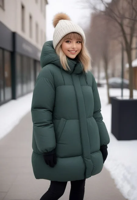 (quilted down coat:1.4), (quilted puffer coat:1.4), (quilted winter clothes:1.4), (puffer hood up:1.4), (down hood up:1.4), (very snowing, very cold:1.4), (full body, ankle winter boots:1.4), (city, street, winter, snow:1.4), (snowing clothes:1.4), walking, daytime, sun, sunlight, (leggings:1.4), thigh boots, green eyes, tsurime, blonde hair, streaked hair, medium hair, light smile, straight hair, dyed bangs, sidelocks, beanie, eyelashes, eyeliner, masterpiece, high quality, best quality, beautiful lighting, realistic lighting, beautiful eyes, beautiful hair, beautiful face, detailed face, high quality face, realistic background, detailed background, (hands behind back:1.5), (from front:1.5), cuffs, collar, (Thick padded cuffs:1.4), (Thick padded collar:1.4), <lora:Collar-SDXL:0.75>, <lora:Cuffs-SDXL:0.75>, <lora:fashion_lora:0.6>