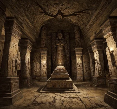 RAW photo, (masterpiece:1.3), subsurface scattering, heavy shadow, (high quality:1.4), (intricate, high detail:1.2), professional photography, HDR, High Dynamic Range, realistic, ultra realistic, photorealistic, high resolution, film photography, ambient lighting, atmospheric effects, <lora:detail_slider_v4:2>, OverallDetail, <lora:RealmsOfTheDead:1>, rede, a dark and sinister underground egyptian tomb, torches, mural paintings, a sarcophagus