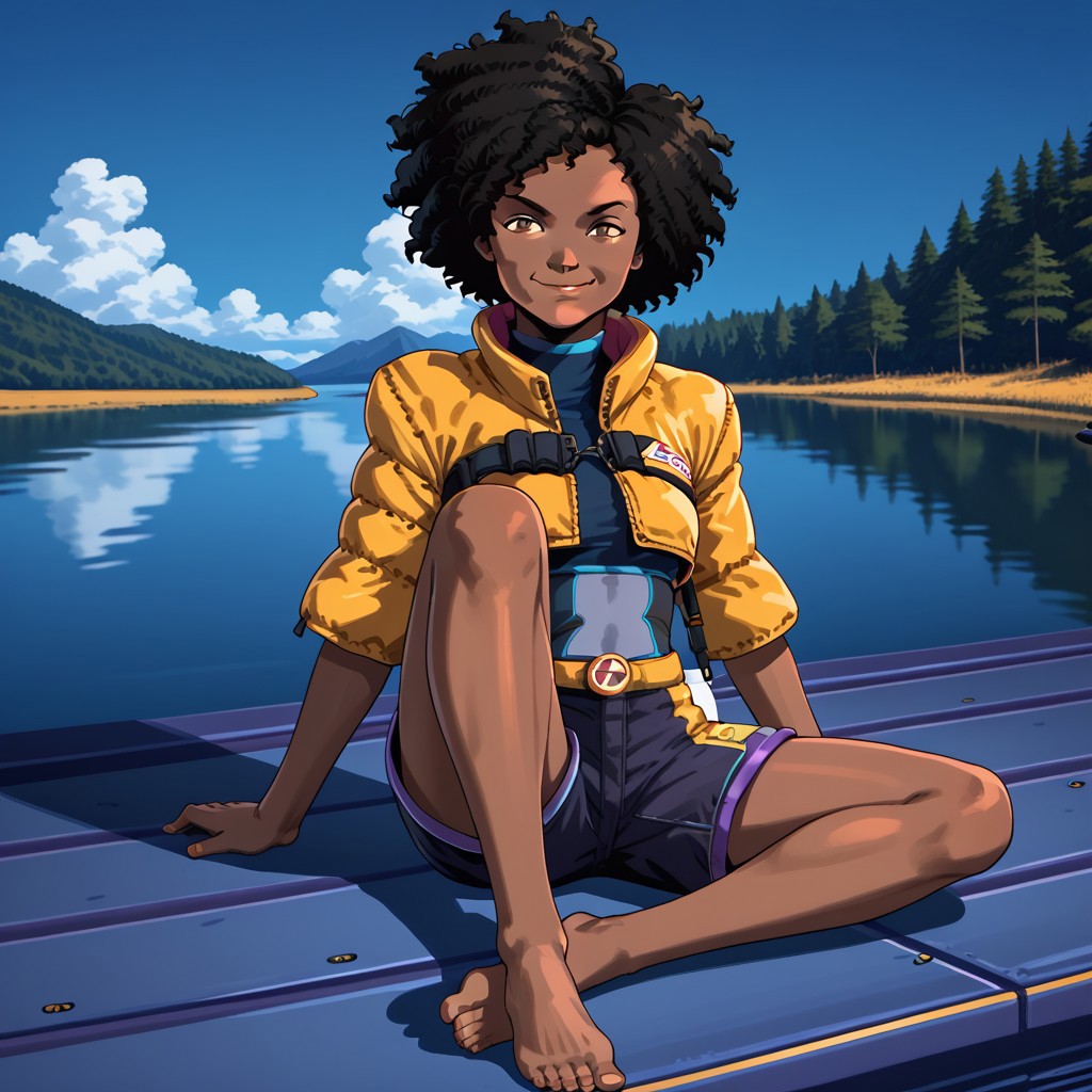 1girl,dark skin,afro,yellow jacket,tube top,solo,shorts,dark skin,black hair,short hair,barefoot,brown eyes,sitting,lake background,facing viewer,looking at viewer,smirk