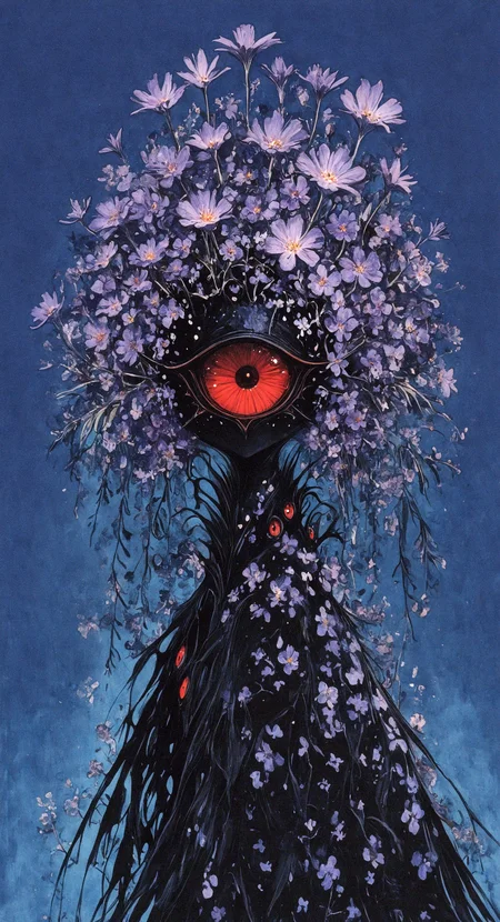 masterpiece, best quality, amazing quality, solo, looking at viewer, red eyes, flower, pokemon \(creature\), no humans, blue background, traditional media, purple flower, painting \(medium\), one-eyed, 15546+456868,
Studio Ghibli Dark Fairytale <lora:noobai_ep11_stabilizer_v0.138_fp16:0.3> <lora:XXX667:0.4> <lora:mon_monmon2133:0.5> <lora:Dark_Ghibli:0.85>