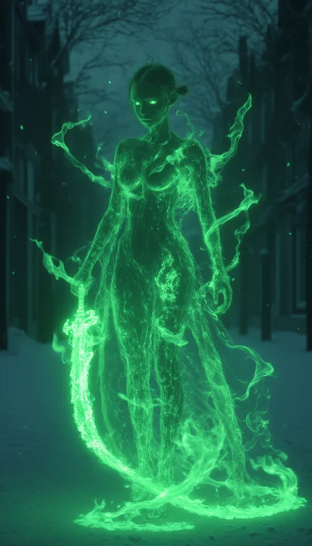 bailing_fire,
A girl **** entirely of flames stands,
Photorealistic, Cinematic Texture, a distant shot of a girl **** entirely of green flames, resembling a ghost, standing on a winter street. Her full body, composed of flickering green flames, appears as a translucent, glowing ghost-**** figure. In one hand, she holds a magical sword, its blade radiating an otherworldly green aura that complements her fiery form. The sword’s intricate, enchanted design flickers with sparks of energy, as if connected to the girl's essence. Her fiery form emits a soft, eerie green light, blending with the surroundings, and the glowing sword adds to the ethereal, haunting atmosphere as she stands alone in the cold winter night.