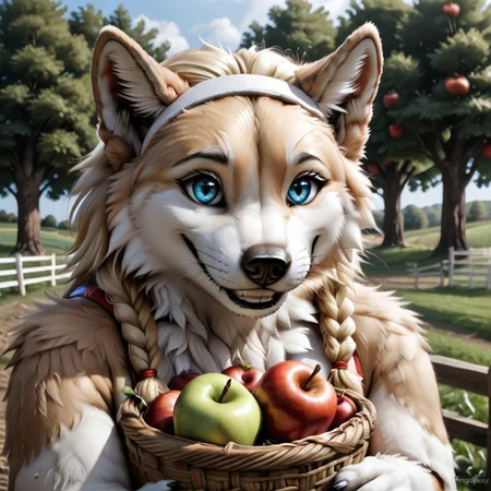 Realistic, highres, super high resolution, 8k, photo, whtfx, soft body fur, furry, anthro, detailed fur, female wolf, voluptuous figure, tufted fur, tufted ears, cheast tuft, fluffy canine tail, detailed fur, detailed body, detailed face, cute smile, blonde hair, canine teeth, golden fur, blue eyes, braid, white hairband, whiskers, detailed background, farmer outfit, farm in background, fields, apple trees, holding basket of appels,
