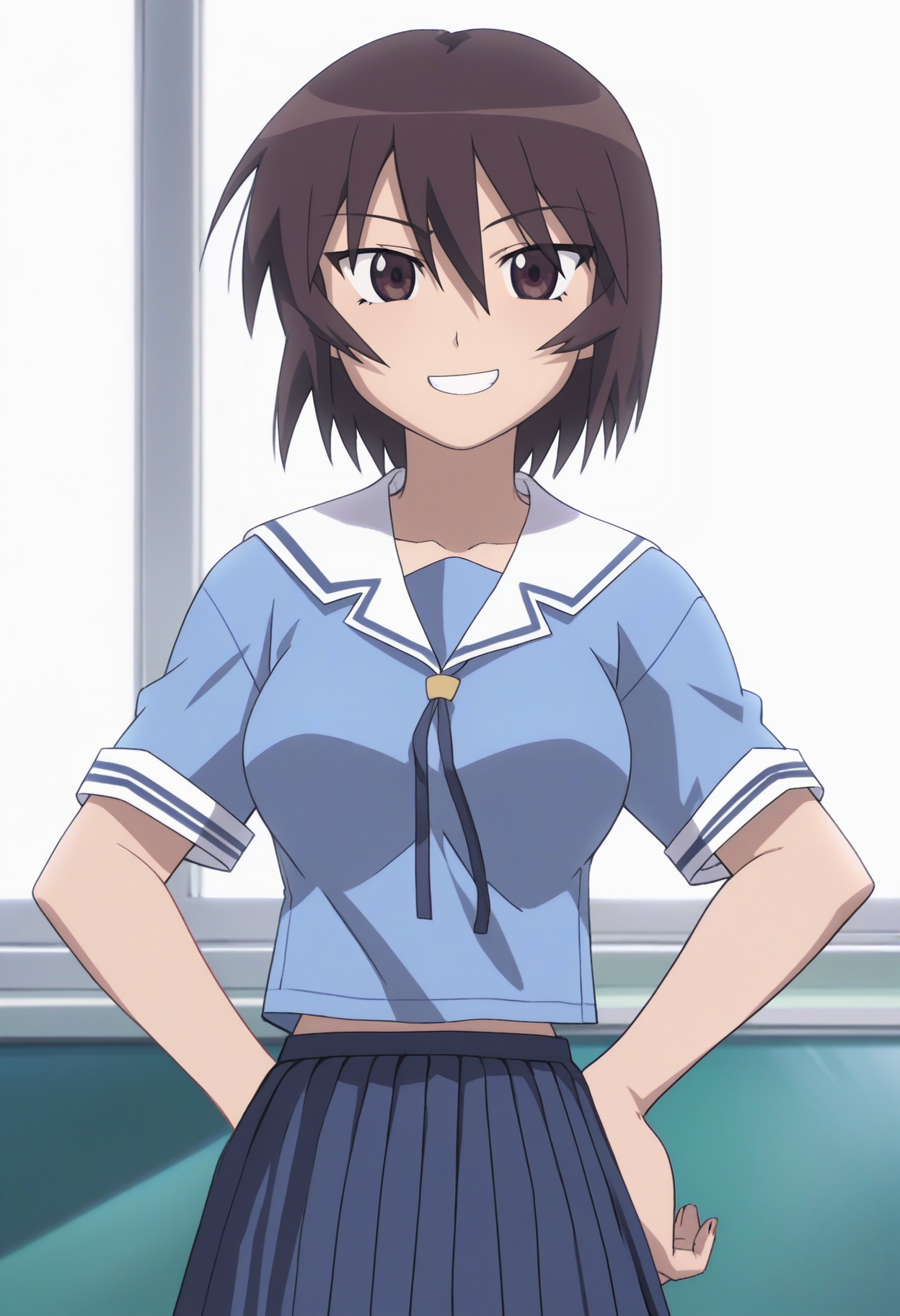 score_9, score_8_up, score_7_up, score_6_up, anime screencap, anime coloring, <lora:AMKagura:0.8>, AMKagura, 1girl, solo, short hair, brown hair, hair between eyes, brown eyes, breasts,
blue serafuku, short sleeves, blue skirt, pleated skirt,
looking at viewer, smile, cowboy shot, hand on own hip,
BREAK classroom, window,