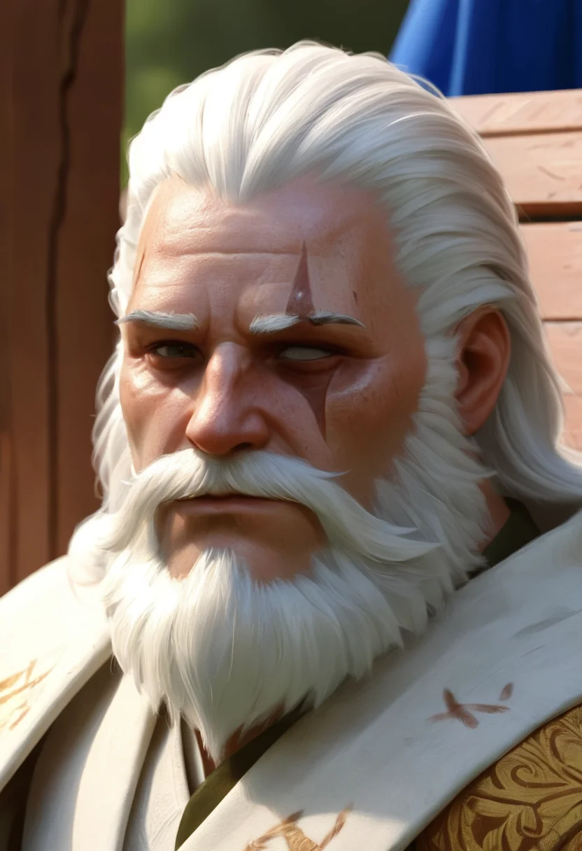 Reinhardt sits on an outdoor bench in his priestly robes,sunning himself,<lora:xl-reinhardt-000012:0.7>,scar across eye,beard,white hair,