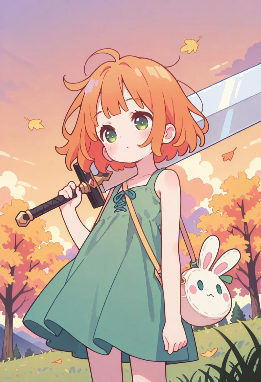 masterpiece, best quality, newest, Smooth, very awa, very aesthetic, Colorful themes, High Saturation, haiz_ai, 
1girl, solo, cute, kawaii, petite, small, fragile, young, youthful, flatchest, orange hair, bob cut, green eyes, fair skin, short hair, messy hair, floating hair,
sleeveless, green dress, cute bag, edge of cliff, holding gigantic sword with one hand over shoulder, sword covered in bloodб size difference,
autumn, floating leafs, windy, clouds, sunset, trees, grass,