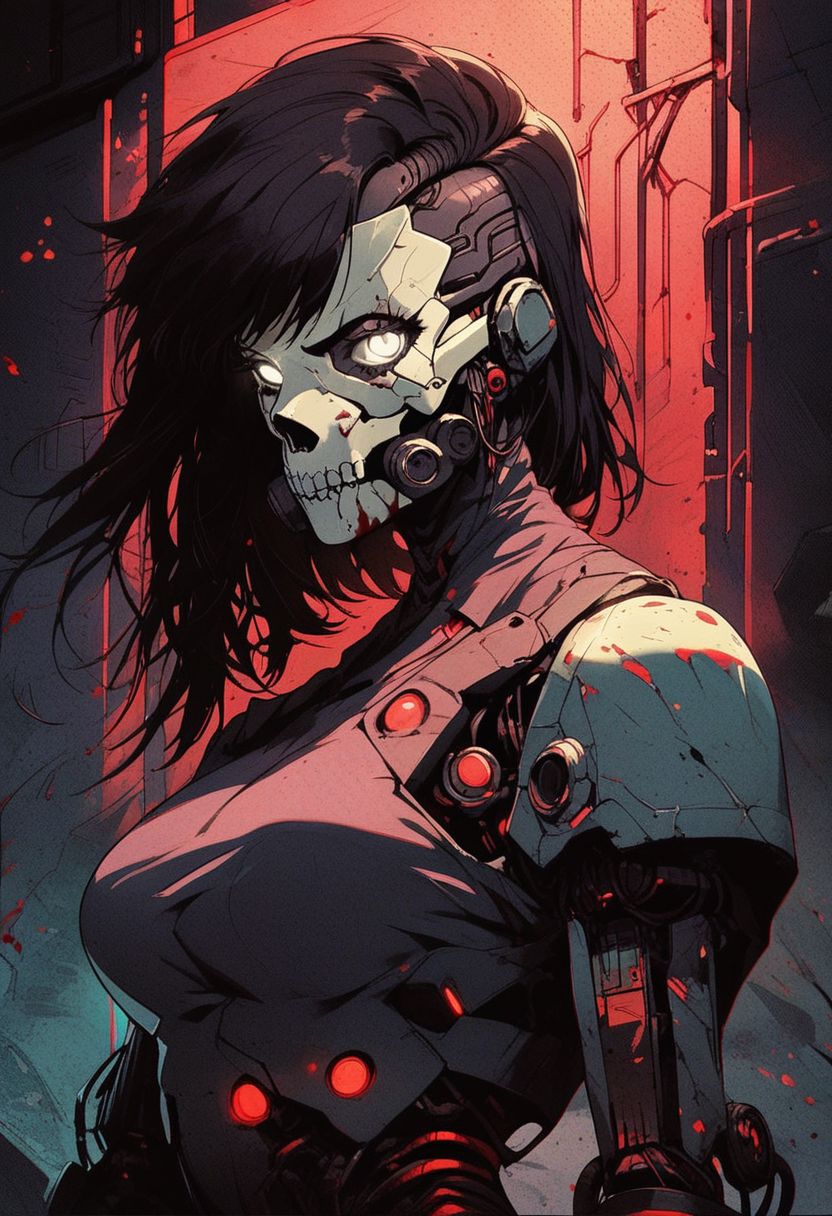<lora:Kenva:1.0> score_9, knva, halftone effect, metal mask, metal three quarters face mask, 1girl, solo, cyberpunk, cyborg, skull merchant, looking at viewer, black hair, white eyes, bloody, large breasts, metal claws,