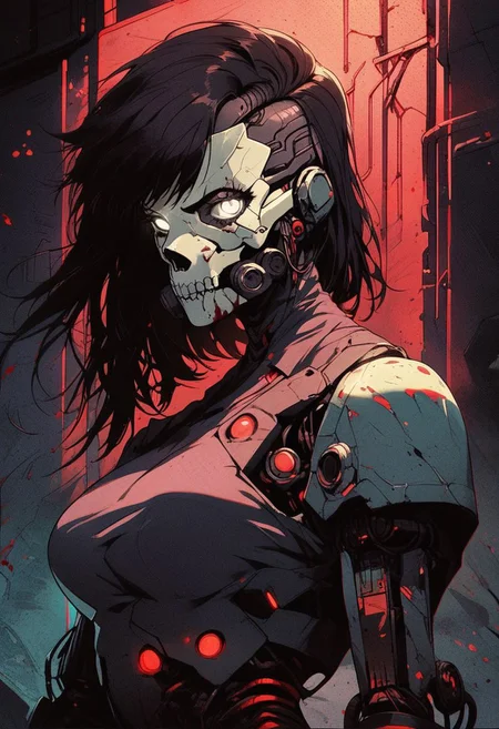 <lora:Kenva:1.0> score_9, knva, halftone effect, metal mask, metal three quarters face mask, 1girl, solo, cyberpunk, cyborg, skull merchant, looking at viewer, black hair, white eyes, bloody, large breasts, metal claws,
