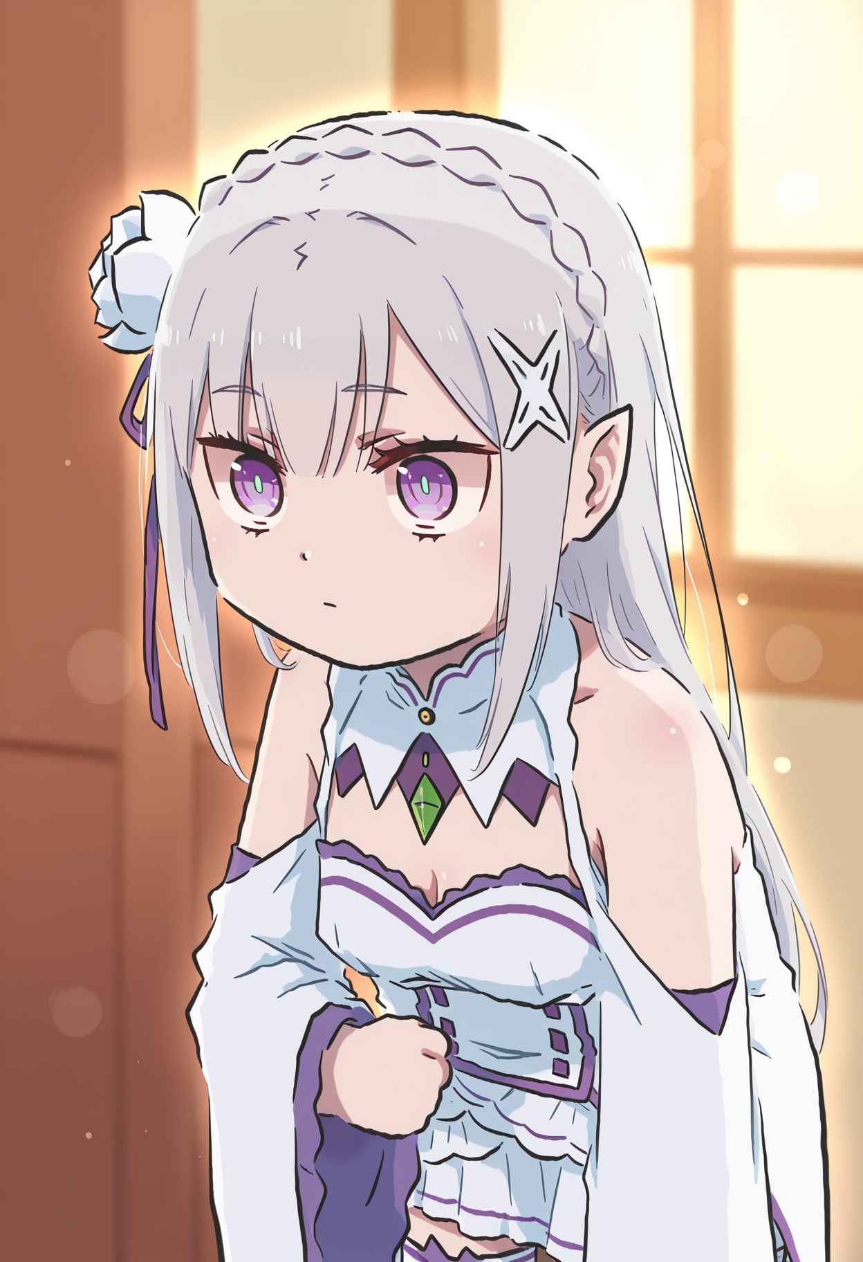 masterpiece,best quality,high resolution,source_anime,highly detailed illustration,
seductive, detailed eyes, (blurry background, depth of field, bokeh:0.9), very aesthetic,absurdres,newest, amazing quality,
detailed eyes, absurdres,newest, amazing quality,
<lora:shiXinzoroV1ill:1>,shixinzoruo, chibi,
1girl, solo,
<lora:shiEmiliaV12ill:1>  shimilia, long hair, grey hair, purple eyes, pointy ears, crown braid, hair flower, hair ribbon, purple ribbon, x hair ornament, white dress, cleavage, bare shoulders, wide sleeves, white thighhighs, thigh boots,