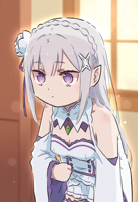 masterpiece,best quality,high resolution,source_anime,highly detailed illustration,
seductive, detailed eyes, (blurry background, depth of field, bokeh:0.9), very aesthetic,absurdres,newest, amazing quality,
detailed eyes, absurdres,newest, amazing quality,
<lora:shiXinzoroV1ill:1>,shixinzoruo, chibi,
1girl, solo,
<lora:shiEmiliaV12ill:1> shimilia, long hair, grey hair, purple eyes, pointy ears, crown braid, hair flower, hair ribbon, purple ribbon, x hair ornament, white dress, cleavage, bare shoulders, wide sleeves, white thighhighs, thigh boots,
