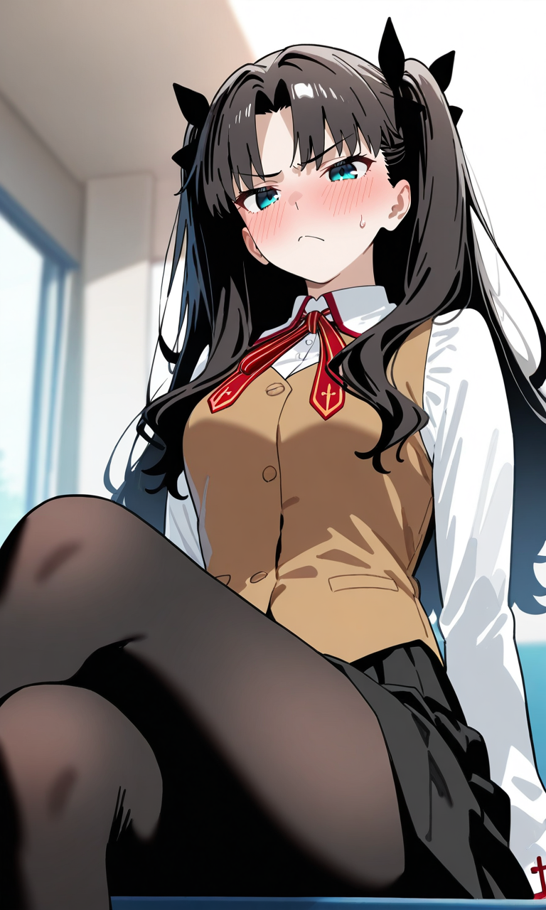 masterpiece, best quality, high resolution, absurdres, 1girl, tohsaka_rin, blue_eyes, black_hair, long_hair, medium_breasts, two_side_up, hair_ribbon, black_ribbon, homurahara_academy_school_uniform, brown_vest, collared_shirt, white_shirt, neck_ribbon, red_ribbon, pleated_skirt, black_skirt, black_pantyhose, sitting, school, indoors, crossed_legs, from_below, looking_at_viewer, blush, tsundere, frown