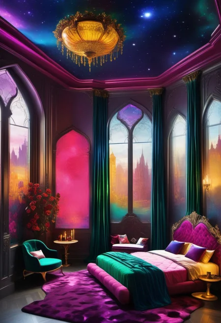 Light mood masterpiece photography, realistic, realistic photograph, inside bedroom, gaudy, Lisa Frank inspired, Lisa Frank colors, fancy headboard, neon orange wooden bedframe, maximalism, green and blue and pink, purple, in bedroom, soft rug, neon rug, bedroom like bedroom from Howl's Moving Castle, vanity, beanbags, framed pictures of castles on wall, stained glass windows, chandelier, crystal chandelier, bunk bed, castle bunk bed, castle bunk bed with stairs going up to top bunk