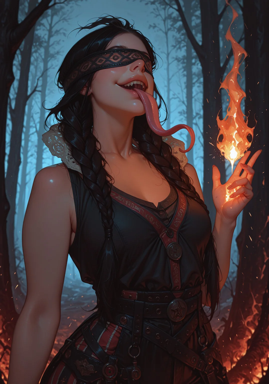 masterpiece, best quality, amazing quality, very aesthetic, absurdres, newest, cowboyshot,  W3Philippa, 1girl, long hair, black hair, covered eyes, small lips, twin braids, (long tongue), evil smile, flames from hand, shooting flames, casting fire, in front of an burning forest background, glimmering sparks,