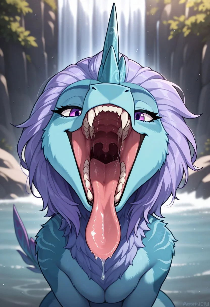 sisu_ratld dragon, tail, claws, double horn, blueish purple hair, blue fur, back dorsal fins, purple eyes, 1girl, long body, feral, v_mawshot, solo, bodily fluids, saliva, teeth, tongue out, looking at viewer, saliva string, waterfall, uvula, depth of field, detailed background, masterpiece, best quality, high quality, absurdres, highres, incredibly absurdres, newest, amazing quality, asteroid in the atmosphere