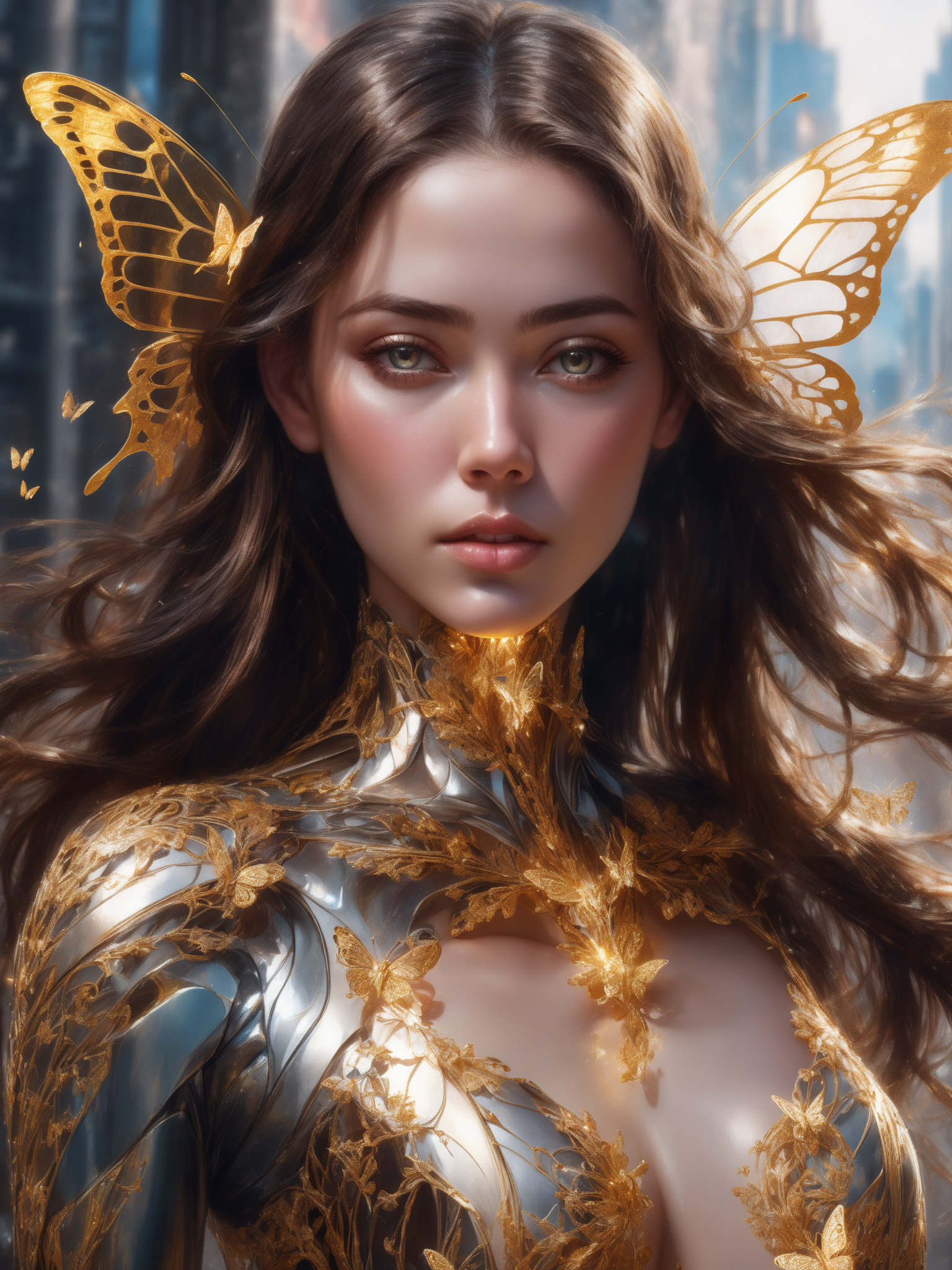 photo, 8k portrait of beautiful cyborg with brown hair, intricate, elegant, highly detailed, majestic, digital photography, art by artgerm and ruan jia and greg rutkowski surreal painting gold butterfly filigree, broken glass, (masterpiece, sidelighting, finely detailed beautiful eyes: 1.2), hdr, realistic, high definition