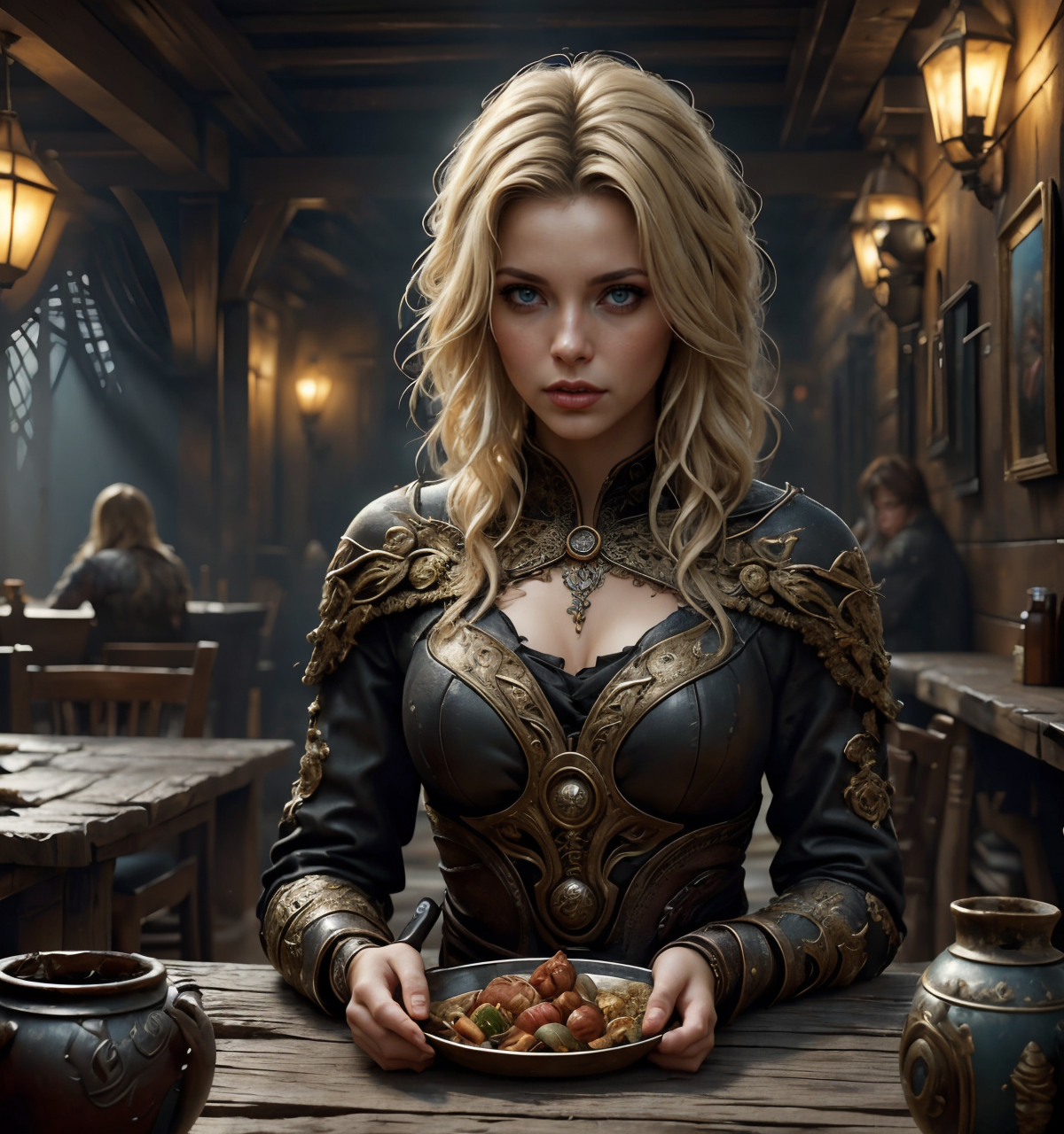 RAW photo, (masterpiece:1.3), subsurface scattering, heavy shadow, (high quality:1.4), (intricate, high detail:1.2), professional photography, HDR, High Dynamic Range, realistic, ultra realistic, photorealistic, high resolution, film photography, ambient lighting, atmospheric effects, <lora:detail_slider_v4:2>, OverallDetail, <lora:FantasyRogues:0.75>, DarkFantasy, a Young woman, blonde hair, Blowout, as a thief and assassin, fanrog, in a sleazy tavern,  epiCPhoto