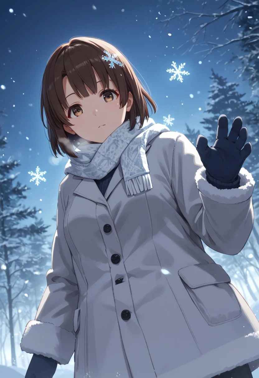 score_9, score_8_up, score_8, score_7_up, source_anime,
1girl, katou megumi, Megumi <lora:KatoMegumi:1>,brown hair,katou megumi,brown eyes, medium breasts , short hair, masterpiece, best quality, winter coat with fur trim, knit scarf and mittens, snowflakes in hair, magical winter forest background, northern lights in sky, glowing lanterns, crystalline ice formations, catching snowflakes, wonder-filled expression, rosy cheeks, steam from breath, nighttime scene, ethereal blue lighting, low angle shot, snow particles in air, bokeh effects
