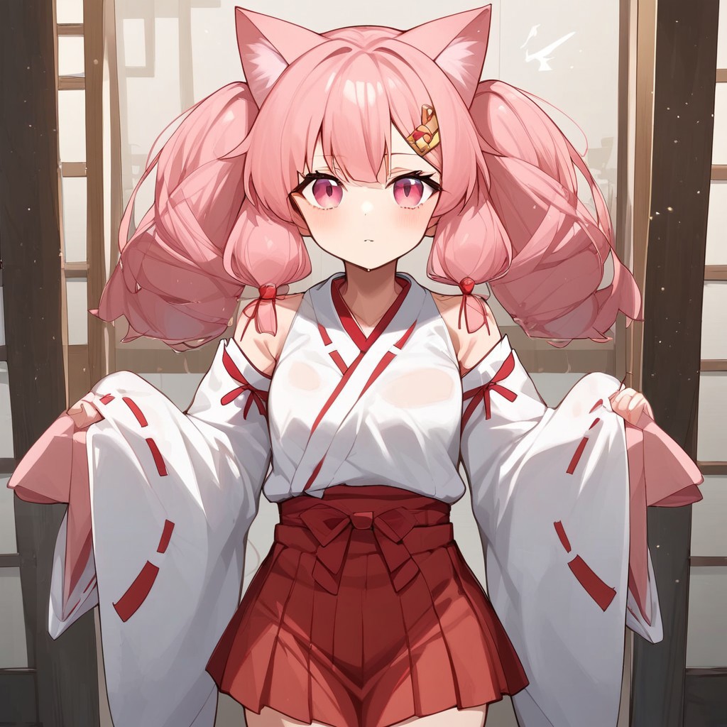 Aomokoka Style,nochekaisershot,
1girl,japanese clothes, hairclip, wide sleeves, ribbon trim, long sleeves, hakama skirt, miko, sleeves past wrists, red hakama, white kimono, tabi, ribbon-trimmed sleeves, pinching sleeves,yuika3,cat ears,Expressiveh,nochekaisershot,pink hair,solo,pink eyes