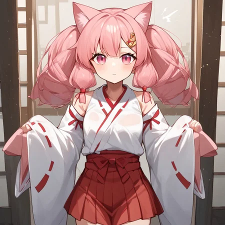 Aomokoka Style,nochekaisershot,
1girl,japanese clothes, hairclip, wide sleeves, ribbon trim, long sleeves, hakama skirt, miko, sleeves past wrists, red hakama, white kimono, tabi, ribbon-trimmed sleeves, pinching sleeves,yuika3,cat ears,Expressiveh,nochekaisershot,pink hair,solo,pink eyes