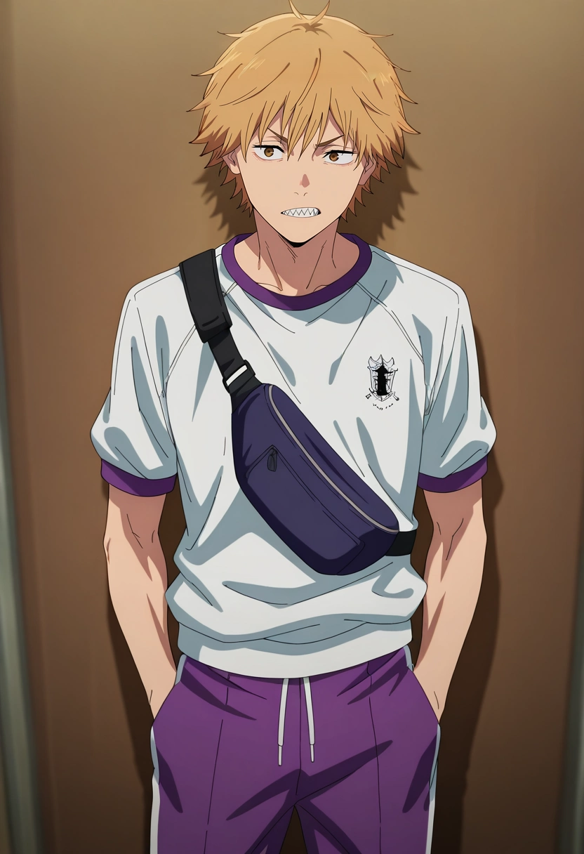masterpiece, best quality, , anime screencap, anime coloring, , , 1boy, solo, male focus, <lora:denji_chainsaw_man_ilxl:0.92>, denji_chainsaw_man, blonde hair, brown eyes, short hair, bangs, sharp teeth, , RoyalPurple Seersucker pants, LavenderGray Toile Track sweatshirt, , , Fanny Pack