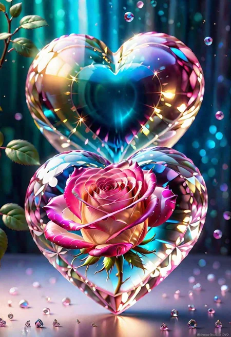 Studio quality, highly detailed, high resolution, smooth crystal heart, glass rose, pink and champagne, shimmering, sparkling, magical glow