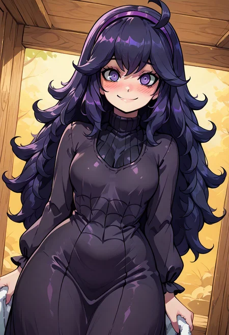 masterpiece,, pretty girl, vivid bright colors, highly sexual poses, pinup art,
patHex, Hex maniac, hairband, messy hair, purple eyes, purple hair, purple hairband, black dress, dress, long dress,
towel, blush, looking at viewer, cowboy shot, dutch angle, solo,
smile, blush, horny,