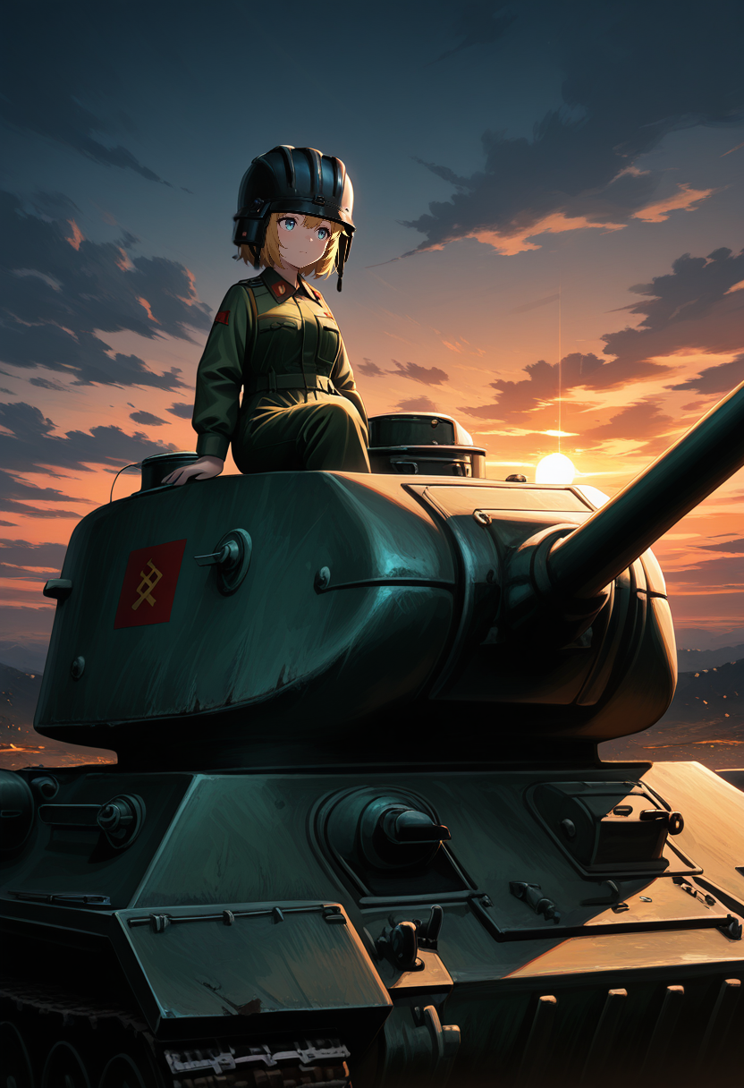 Graphic Design, color art, vibrant colors, colorful, intricate details, high contrast, detailed background, beautiful detailed, beautiful face, detailed eyes, detailed face, newest, new, 1girl, solo, female focus, cowboy shot, military outfit, jumpsuit, tank helmet, sitting on tank, t3485, tank, military vehicle, battlefield, evening, sunset, cloudy, cinematic lighting, dark,