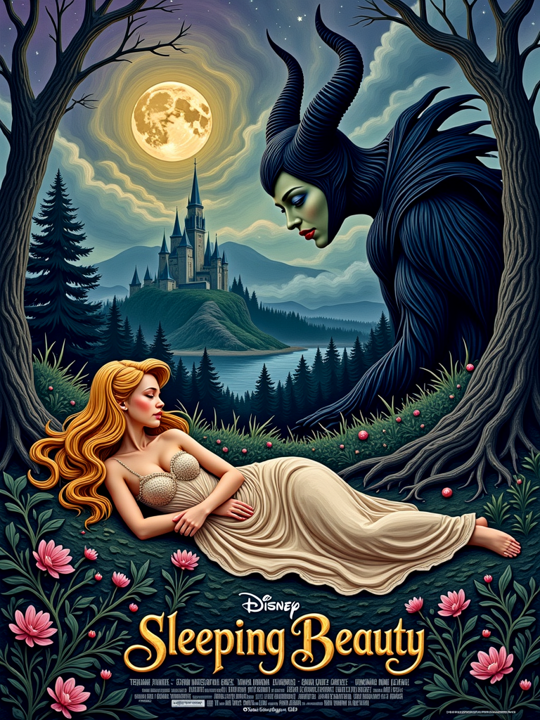 A coloured pencil drawing.

Movie Poster. 

Disney
Title: Sleeping Beauty
Subtitle: The Thorns of Fate

    Centerpiece: Aurora sleeps peacefully in profile near the bottom of the composition, her golden hair flowing like rivulets of light that wind through a dark, thorny landscape. Her skin is pale with a soft, luminous glow, echoing the purity of her enchantment.

    Maleficent’s Presence: Looming from the top corner, Maleficent’s horned silhouette blends into stormy skies. Her green fire snakes downward, transforming into black thorns that creep toward Aurora, giving the poster a diagonal tension between light and dark.

    Background: The castle rises ghostlike in the distance, shrouded in mist and overgrown with vines. One window glows faintly—perhaps the room where Aurora sleeps. A faint full moon backlights Maleficent, casting long shadows.

    Color Palette:

        Deep purples, midnight blues, and jet black for the sky and landscape.

        Acid green and magenta to represent Maleficent’s magic.

        Pale rose gold, ivory, and soft peach for Aurora and her dress.

        Touches of metallic silver for thorns and stars.

    Typography:

        The title “Sleeping Beauty” written in elegant medieval-style script, gold with delicate flourishes—perhaps with vines curling around a few letters.

        Subheader tagline (optional): “Evil’s Curse. True Love’s Light.” in smaller, serifed font.

Mood:

    A sense of stillness meets underlying menace. Beauty and danger coexist—delicate lines for Aurora, jagged forms for Maleficent’s curse. The whole poster feels like a dark fairytale illuminated by a single flickering candle.

Movie credits at bottom.


Soft watercolour. 

mvpstrCE style