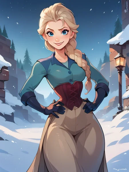 score_9, score_8_up, score_7_up, score_6_up, ElsaXPL hands on hips, winter, corset, gloves, long skirt, tunic, single braid over shoulder, curvy, medium breasts, narrow waist, wide hips, thick thighs, looking at viewer, dynamic angle, cowboy shot, cartoon, dynamic pose, light smile, cute pose, disney,blizzard,
<lora:ElsaXLP_Character-10:1> <lora:squeezable_PONYXL:0.8>