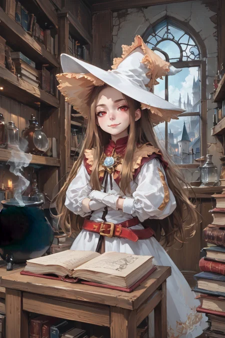 score_9, score_8_up, score_7_up, source anime, <lora:backgroundsetXL:0.3> , indoors, interior, BREAK, solo, <lora:RosaryEsmeraldaPonyXL:0.65> , RosaDef, brown hair, long hair, red eyes, white witch hat, white dress, red belt, juliet sleeves, white gloves, white boots, <lora:ph4nt0m01lXLP:0.6> , ph4nt0m01l, (((cauldron))), castle background, window, wisps, smoke, shelves, books, bookshelves, clutter, detailed background, runes, magic, ghostly, looking at viewer, smug, smirk, grin, closed mouth, standing,