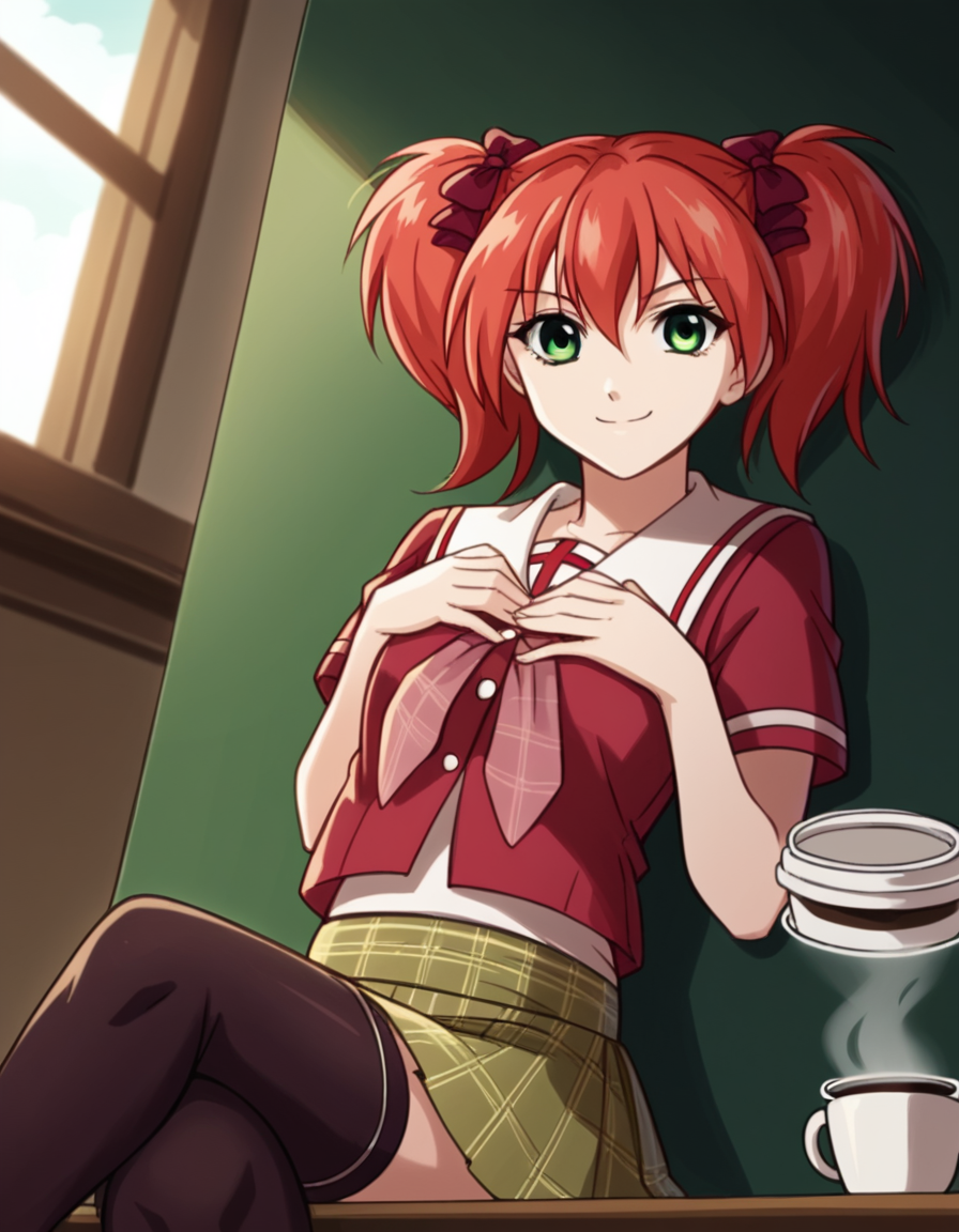 score_9, score_8_up, score_7_up, source_anime, <lora:kokoa-shuzen-s2-ponyxl-lora-nochekaiser:1>, kokoa shuzen, twintails, green eyes, red hair, hair bow, short hair,, skirt, thighhighs, school uniform, black thighhighs, plaid, serafuku, red shirt, short sleeves,, cafe, coffee cup, barista, sitting down, talking, relaxing, sunlight through window, smile, hands on own chest,, looking at viewer, solo,, dutch angle, cowboy shot