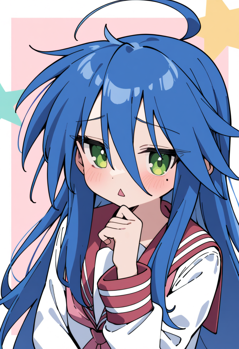 girl, izumi konata, solo, mole under eye, mole, green eyes, long hair, blue hair, school uniform, ryouou school uniform, serafuku, ahoge, triangle mouth, star (symbol), hand on own chin
, masterpiece, best quality,newest,
<lora:Luckystar A31 e1-000009:0.65>