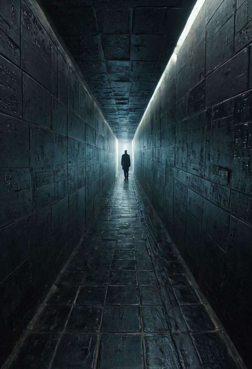 a matrix abyss by H.P. Lovecraft, a long floor into eternity, black reflecting tiles, dimmed lightning, vintage sci-fi led panels, electrical panels, neo pale man in the end of the floor, looking to viewer