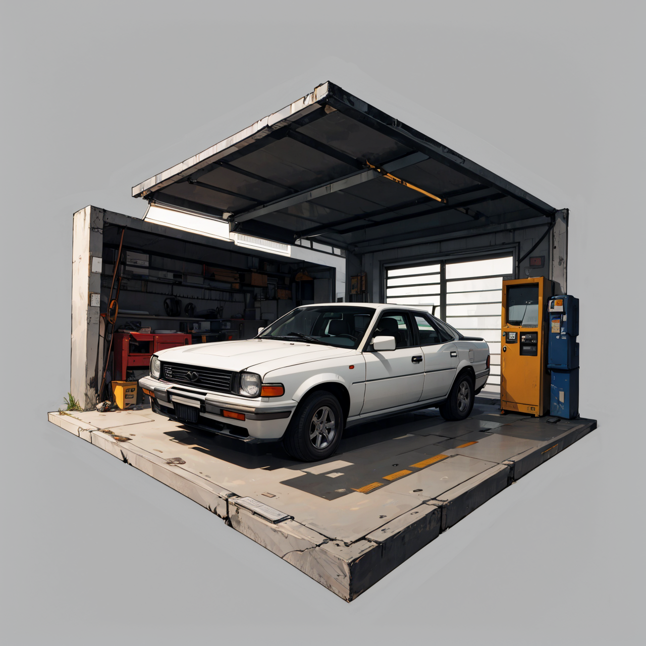 hexagonal composition, woman, garage, car, wrench, car repairs, simple background  <lora:hexagon_composition_03:0.6>