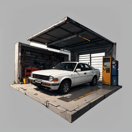 hexagonal composition, woman, garage, car, wrench, car repairs, simple background  <lora:hexagon_composition_03:0.6>