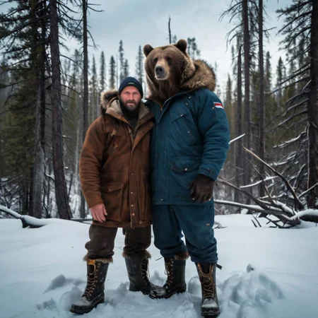 In the heart of the Russian taiga, a rugged, bear-like man stands tall beside a massive grizzly, both surveying the vast wilderness with stoic determination. The Russian Wolverine, clad in fur-lined parka and sturdy boots, shares an unspoken bond with his wild companion, their shared resilience evident in the lines etched on weathered faces. Behind them, snow-capped peaks pierce the sky, while the icy breath of winter hangs in the air. With a nod to his furry friend, the Russian Wolverine embodies the spirit of the untamed wilderness, where man and beast coexist in a timeless dance of survival and harmony.
4k, high details