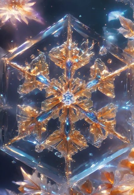 (high quality), (masterpiece), (detailed), 8K, An award-winning glowing snowflake, encased in a perfectly transparent glass bubble, floats delicately within a surreal winter setting. Its intricate, symmetrical crystalline patterns radiate a mesmerizing, golden luminosity, blending warm hues of amber, peach, and soft rose that glow softly through the glass. The bubble is adorned with delicate frost patterns along its edges, reflecting and refracting the snowflake’s warm light, casting a magical aura on its surroundings. Encased within, the snowflake sparkles with fine detail, as if suspended in time, evoking feelings of joy, serenity, and wonder, captivating all who witness this breathtaking masterpiece, glowneon, geometric, sparks, GlowingInk