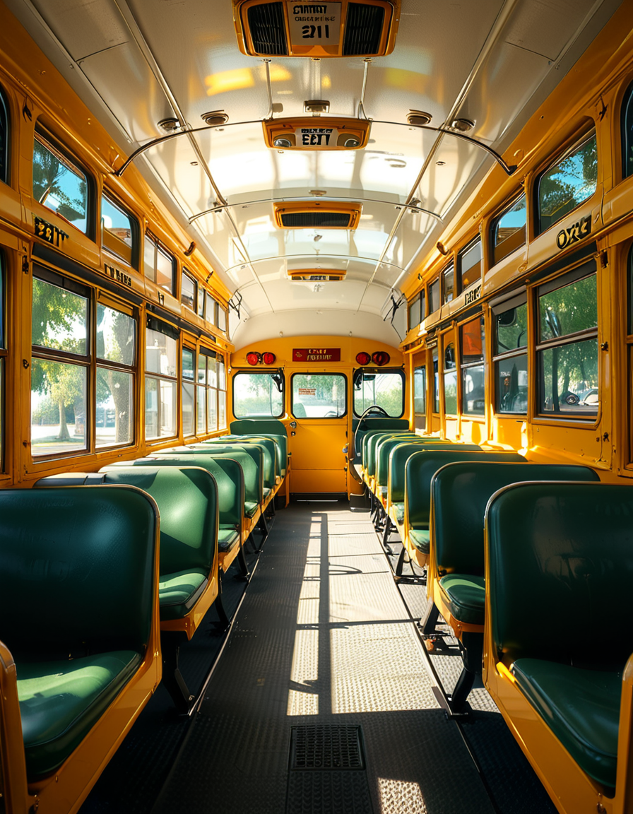 The interior of a classic yellow school bus, captured in a clean and well-maintained state. Long rows of simple green vinyl seats line both sides of a narrow aisle, slightly worn from regular use. The perspective is from the front of the bus, looking toward the back, with a clear view of the seats and the metal handrails on top of each row. Sunlight streams in through the large rectangular windows on both sides, creating soft reflections on the seats and a warm glow inside. The floor is textured black rubber, with faint signs of foot traffic. The atmosphere feels quiet and inviting, with no students present, giving a peaceful and slightly nostalgic vibe. The style is photorealistic, highlighting the details of the seat stitching, window latches, and the subtle reflections of light on surfaces. The background includes the driverâs area partially visible, with the steering wheel and dashboard controls adding to the authenticity.
<lora:SDXLFaeTastic2400:0.4> <lora:extremely_detailed:0.4> extremely detailed, <lora:sch00l_bus:1>,sch00l bus, Masterpiece,best quality,hi res,8k,hi res,8k,award winning,(sharp focus, intricate, highly detailed),