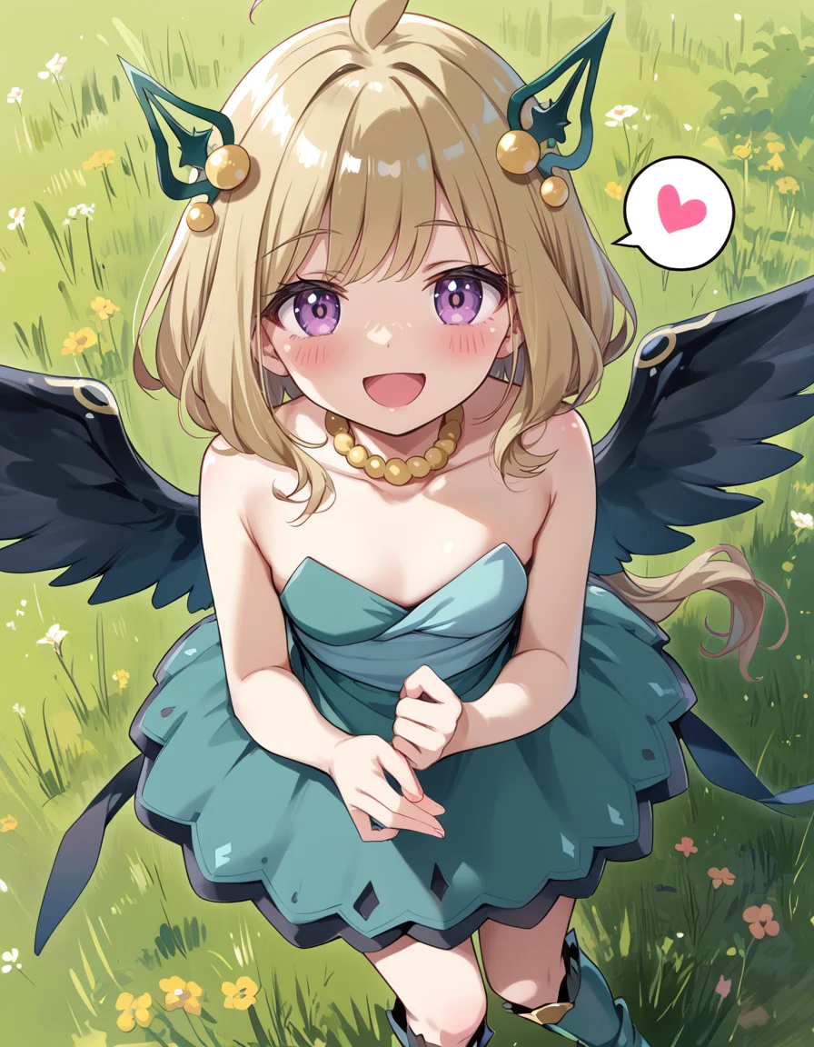 (score_9:0.9),score_8_up,score_7_up,rating_safe,anime style,(zPDXL),(zPDXL3),
<lora:Hugin the Runick Wings ponyXL v1:0.73>,hugin the runick wings, 1girl, solo, smile, spoken heart, open mouth, looking at viewer, yellow necklace, blush, green knee boots, green hair ornament, :d, speech bubble, green strapless dress, minigirl, from above, on grass,