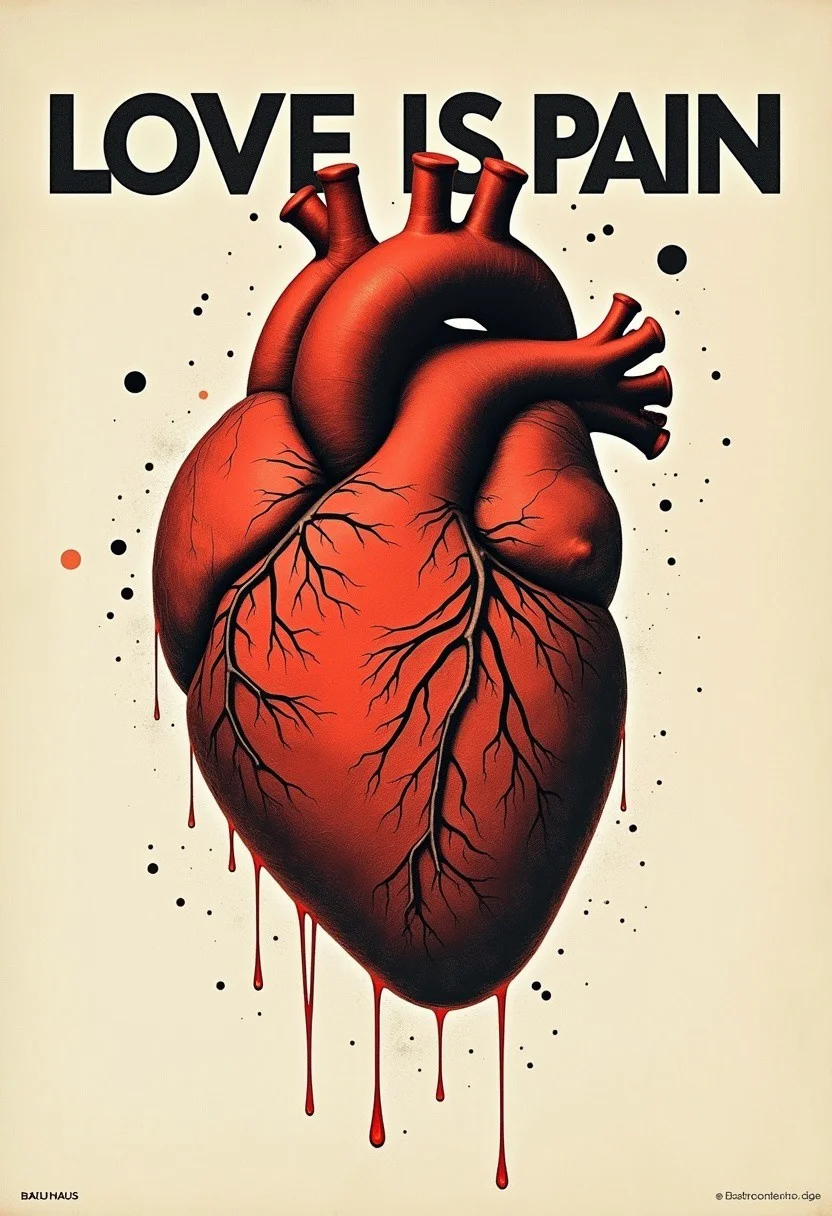 bauhaus poster, text "love is pain", absctract, visible dots, anatomically correct heart