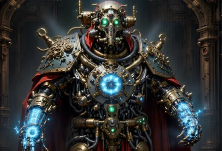 A monolithic, metal machine of archaic design and intricate detailing, standing tall in a dimly lit, cavernous chamber. At the center of the machine, a circular panel emblazoned with the iconic Adeptus Mechanicus cog symbol – a complex gear intertwined with the Omnissiah's insignia – flickers to life with a soft blue glow. The cog, a symbol of the machine god's divine order, pulses with energy as ancient mechanisms within the chamber stir to life. The light from the cog casts long, dramatic shadows across the weathered, riveted walls, hinting at the vast size of the surrounding space. As the seconds tick by, the glow from the cog grows stronger before slowly fading into a steady, rhythmic pulse, syncing with the deep, resonant hum of the awakening machinery. The scene is one of anticipation and reverence, where the power of technology meets the sanctity of religious devotion in a tableau that captures the essence of the Adeptus Mechanicus. The fading of the cog symbol signifies the end of the boot-up sequence and the machine's readiness to serve the will of the Omnissiah.
