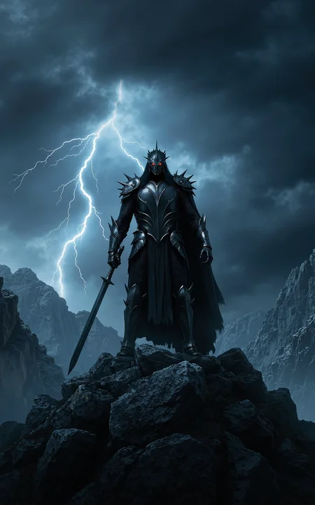 A stormy mountain summit where a fierce warrior stands,holding a sword embedded in the rocky ground. Dark clouds rage above,with arcs of lightning flashing across the sky,casting light over his heavily armored figure. The warriorâs expression is stern,and magical energy crackles around him,hinting at an unseen power. The composition is dramatic,blending epic fantasy with a magical atmosphere.,
<lora:klordoftherings-01:0.8>,klordoftherings,