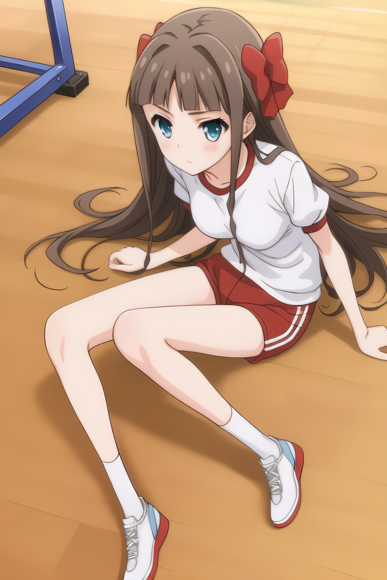 gym clothes, mt-asuka, brown hair, red bow, medium breasts, 1girl, solo, skinny, masterpiece, high quality, (full body|sitting|standing|lying), indoors, blush, score_9, score_8_up, score_7_up, source_anime, anime, anime style <lora:mt-asuka-V01-000003:1.00>