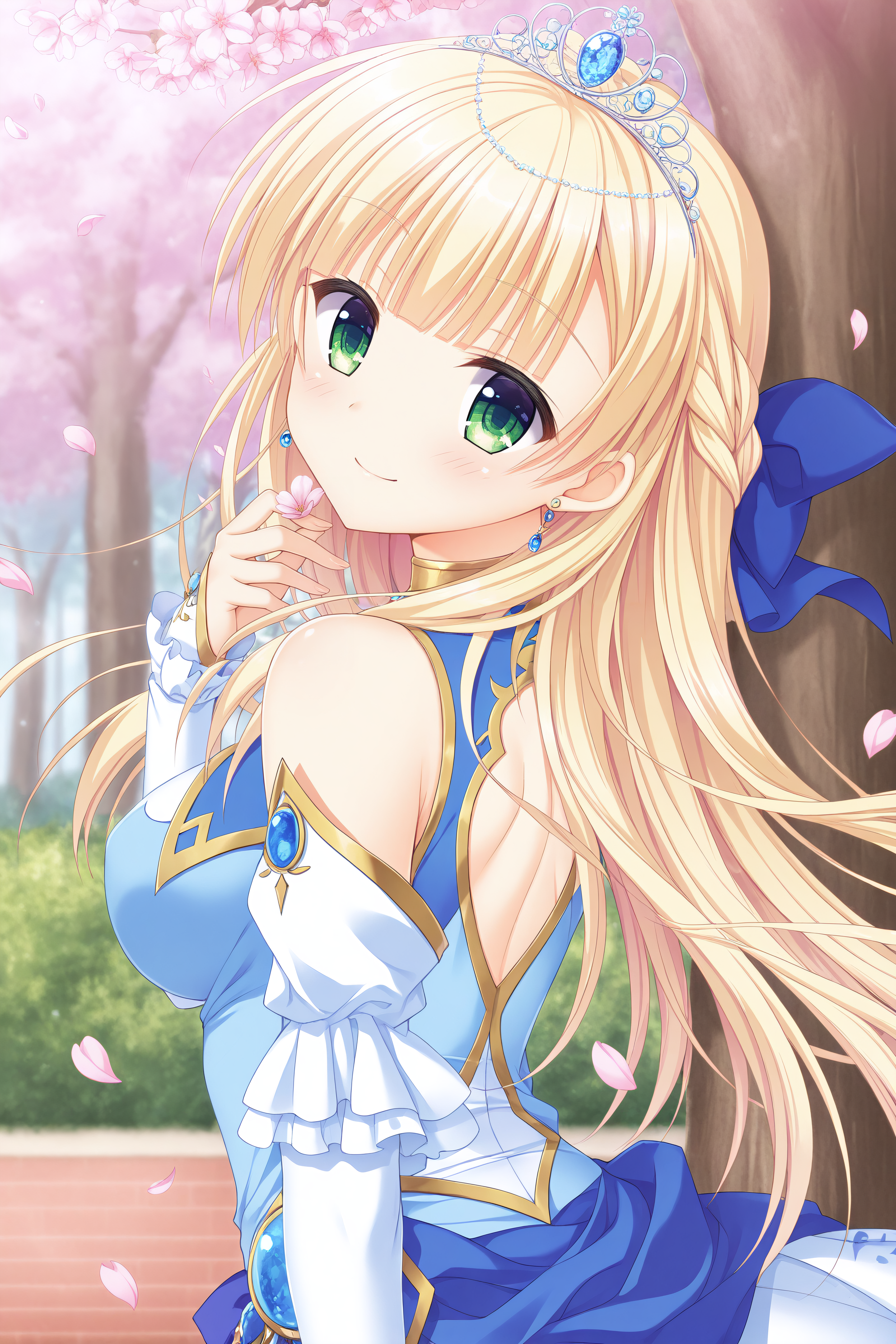 masterpiece, best quality, high quality, detailed, absurdres,newest, scenery, 1girl, solo, official style,best perspective,depth of field, very_aesthetic, best_quality ,high_resolusion, (8K:1.5),,crisp quality, ultra detailed,perfect anatomy,perfect lighting,anime screencap, perfect eyes,detailed eyes, <lora:Sylvia_V4_Illustrious:1>,Sylvia,blonde hair,bangs,green eyes, bangs,princess sylvia,earrings, fantasy,tiara,gold trim,gemstone jewelry,ornate,princess, detached sleeves,blue dress,white dress,ruffles,frilled dress, white pantyhose,sylvia,princess sylvia,bare shoulders,
(watercolor:0.4),(pastelcolor:0.4),1girl, solo, long hair, looking at viewer, flower, cherry blossoms, upper body, outdoors, floating hair, petals, smile, looking back, tree, blurry, blurry background, day, closed mouth, from side, pink flower, hand up, (from side:1.2),(upper body:1.5),under tree,standing,